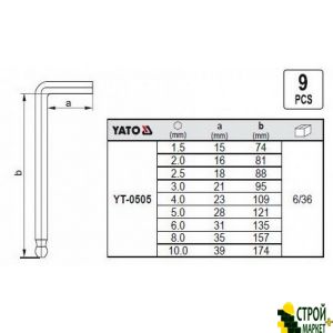 Набор шестигранных ключей с шаром 9 предметов 1.5-10 мм YT-0505 Yato
