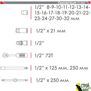 Професійний набір інструментів 1/2 26 од. гол.8-32мм, Cr-V. ET-6027 Intertool