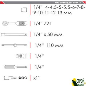 Професійний набір інструментів 1/4 28 од. гол.4-13мм, біти 11ед. , Cr-V. ET-6028 Intertool