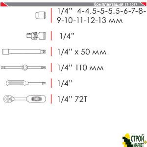 Професійний набір інструментів 1/4, 17ед гол.4-13мм, Cr-V. ET-6017 Intertool