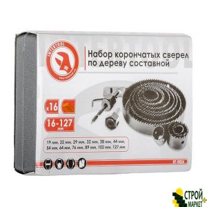 Набір корончастих свердел по дереву складовою 19-127мм 16шт. 19,22,29,32,38,44,54,64,76,89,102,127мм BT-0026 Intertool