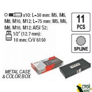 A set of screwdriver attachments Spline M5-M12 with adapter 1/2 11 items YT-0415 Yato