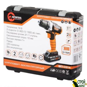 Drill Rechargeable Li-Ion 18B, 25Nm, 2 speed: 0-400 - about 0-1500 • min, 2 Accum 1.3Ach, fast charge 1 hour WT-0314 Intertool.