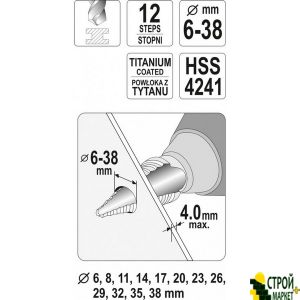 The conical drill stepwise from 6 mm to 38 YT-44740 Yato